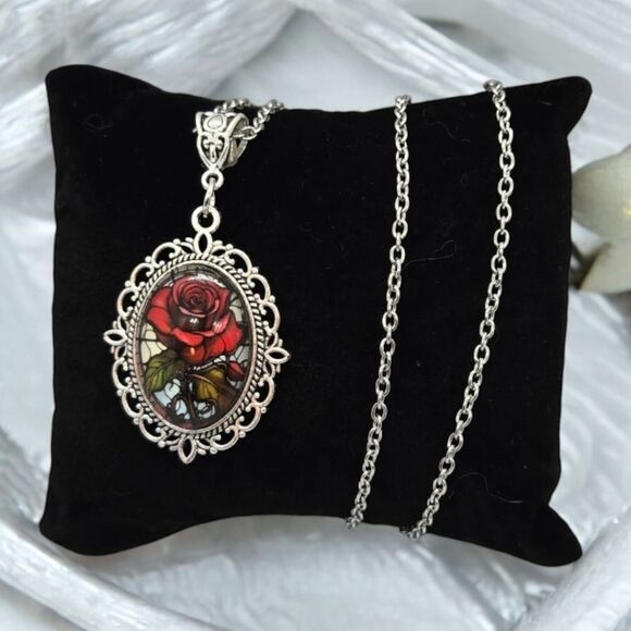 Mosaic Red Rose Portrait Cabochon Silver Glass Dome Victorian Goth Necklace - Picture 3 of 8